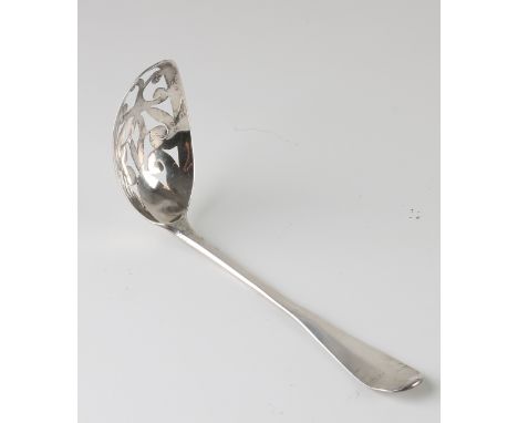 Antique 18th century silver egg or wet fruit spoon with open sawn tray.&nbsp;Handle so-called double loft, handle end round m