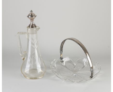 Crystal decanter and bowl with silver, 835/000.&nbsp;Decanter with flower decoration with a stopper with silver cap, ø13x32cm