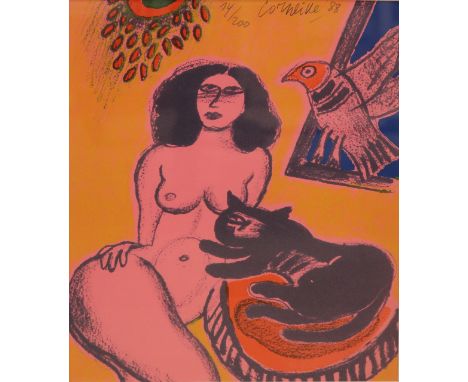 Guilliaume Corneille, 1988. 1922 - 2010. No.&nbsp;14/200.&nbsp;Naked woman with cat and pigeon.&nbsp;Lithograph on paper.&nbs