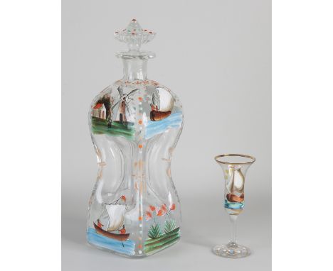 19th century hand-painted mouth-blown squeeze bottle with enamel painting.&nbsp;Various performances.&nbsp;Plus glass.&nbsp;D