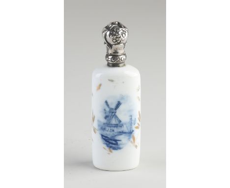 Porcelain bottle with silver collar and cap, 833/000.&nbsp;Oval flask decorated with a painting of a windmill and golden flor