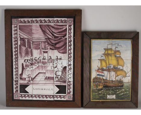 Two antique Dutch tile pictures.&nbsp;1x Three-master 'De Hoop', 6-pass, circa 1900, four tiles torn.&nbsp;1x Last Supper, ma