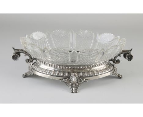 Jardiniere with crystal bowl with various grinding work, placed in a silver holder, 800/000, with pearl and crackling rim.&nb