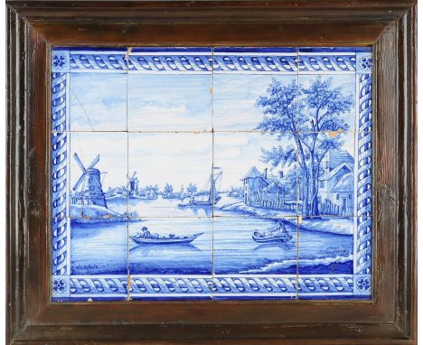Antique 19th century 12-pass tile tableau.&nbsp;Holland.&nbsp;With river view after 18th century painting.&nbsp;Various damag