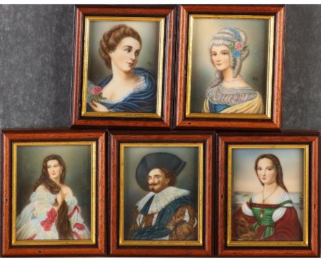 Five miniature portraits.&nbsp;20th century.&nbsp;4x Women's portrait.&nbsp;1x Men's portrait.&nbsp;Signed: Ruby.&nbsp;Dimens