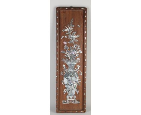 Antique Chinese hardwood wall plaque with mother-of-pearl inlay.&nbsp;Dimensions: H 61 x W 18 x D 2 cm.&nbsp;In good conditio