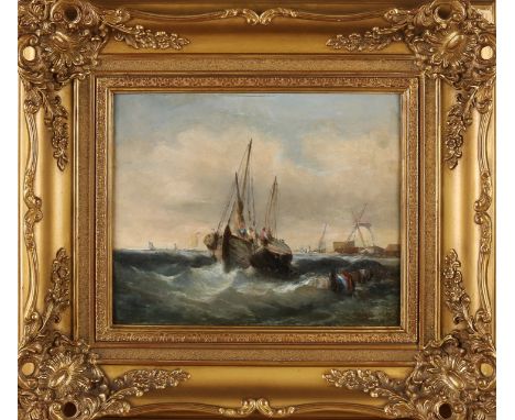 Rest signature.&nbsp;19th century.&nbsp;Dutch School.&nbsp;Seascape with figures on ship and windmill.&nbsp;Older restoration