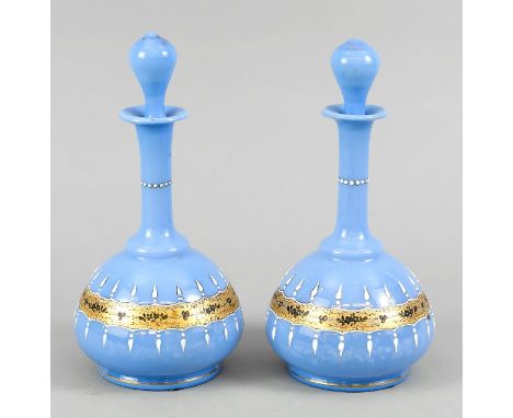 Two antique opaline glass pipe vases with enamel/gold decor.&nbsp;Circa 1900. Dimensions: H 15.5 cm.&nbsp;In good condition.