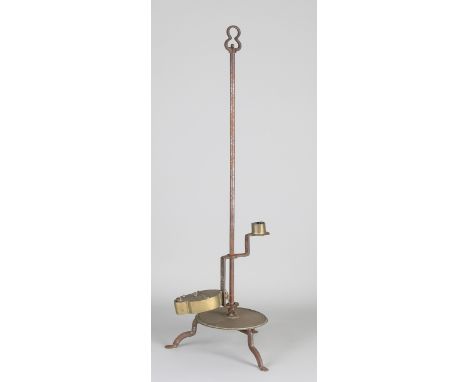 18th - 19th century adjustable wrought iron sconce with brass base, oil lamp and candle holder.&nbsp;Set screw is missing.&nb
