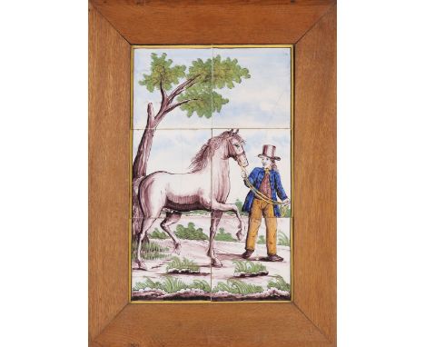 Dutch polychrome 6-pass tile panel with horse driver + horse decor.&nbsp;19th century.&nbsp;Hairlines.&nbsp;Dimensions: H 38 