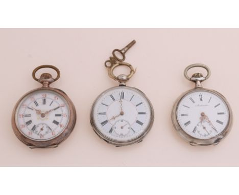 Three silver pocket watches, 800/000, all fitted with a white enamel dial with decentralized second hand.&nbsp;Two with a shi