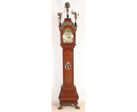 Amsterdam burr walnut Warmink longcase clock with moon phase, date, half hour striking, quarter striking, Westminster.&nbsp;S