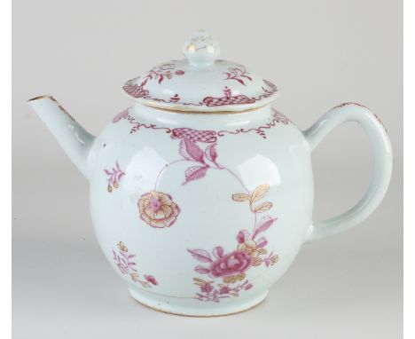 Large 18th century Chinese porcelain Family Rose teapot with floral/gold decor.&nbsp;hairline.&nbsp;Dimensions: 16 x 21 x Ø 1