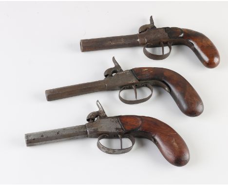 Three antique pinfire pistols.&nbsp;First half 19th century.&nbsp;Dimensions: L 19 - 20 cm.&nbsp;In good condition.