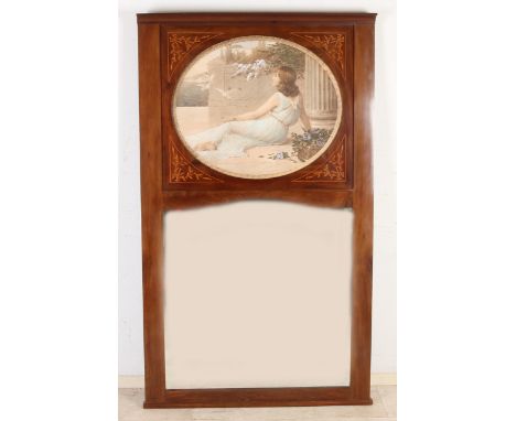 Large antique English mahogany mirror with intarsia and partly painted lithograph.&nbsp;Greek lady with pigeons.&nbsp;Dimensi