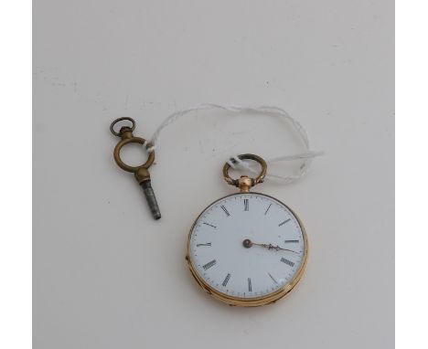 Yellow gold pocket watch, 750/000, with decorated case back with shield.&nbsp;Equipped with white enamel dial and with windin