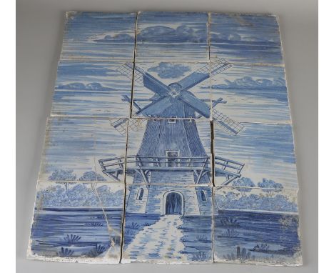 18th - 19th century 12-pass tile tableau with blue/white windmill decor.&nbsp;Two tiles glued.&nbsp;Dimensions: H 52 x W 39 c