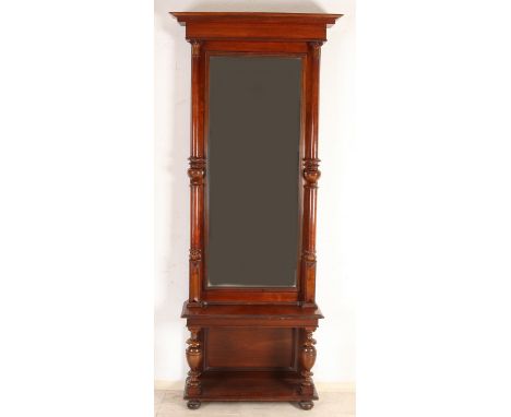 Large German walnut Gründerzeit hall mirror with full columns + console.&nbsp;Circa 1890. Dimensions: 164 x 92 x 25 cm.&nbsp;