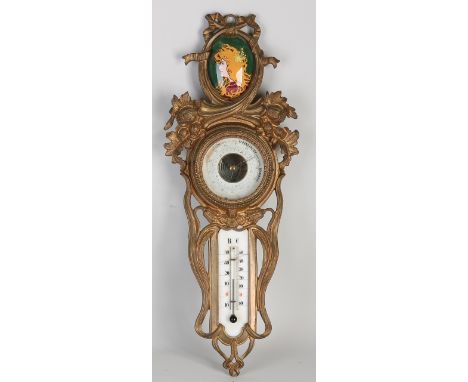 Antique German gold plated barometer with thermometer.&nbsp;Jugendstil.&nbsp;With Jugendstil ceramic plaque.&nbsp;In Alphonse