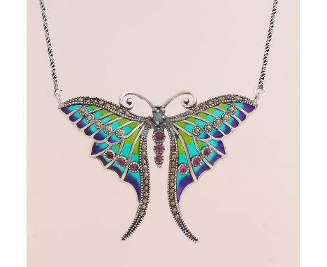 Silver choker, 925/000, with a butterfly element decorated with enamel and red stones and marquesite, 60x45mm.&nbsp;attached 