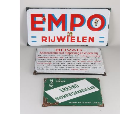 Three original Dutch old enamel advertising shields.&nbsp;Bicycles, Bovag, Recognized moped dealer.&nbsp;Circa 1930 - 1950. S