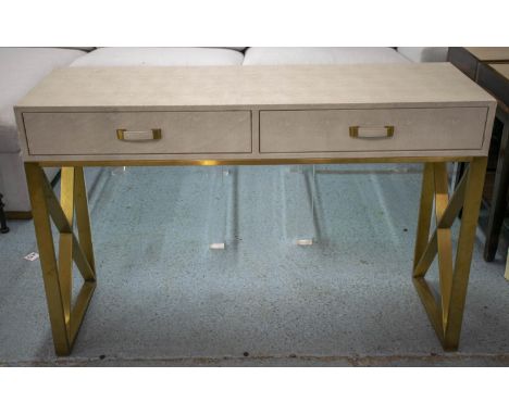 CONSOLE TABLE, 79cm H x 120cm x 40cm, shagreen finish with two drawers on brass supports. 