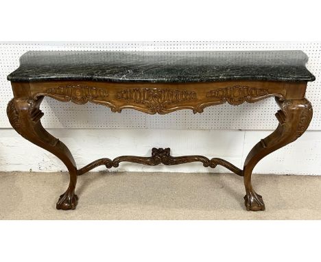 CONSOLE TABLE, 164cm L x 90cm H x 51cm D 20th century Continental walnut framed with a serpentine shaped marble top on cabrio