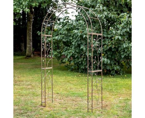 ARCHITECTURAL GARDEN ROSE ARBOUR, 220cm H x 120cm W x 40cm D, Regency style, aged metal. 
