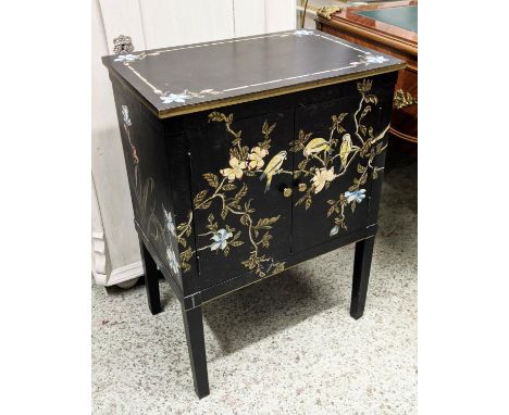 BEDSIDE CABINET, 60cm W x 83cm H x 40cm D ebonised with bird and floral decoration having two panelled doors enclosing a shel