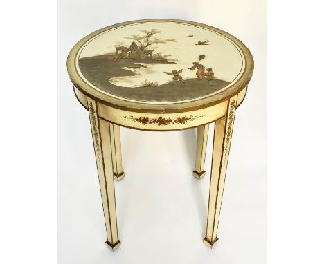 CHINOISERIE LAMP TABLE, early 20th century parchment lacquered and gilt chinoiserie decorated circular with tapering supports