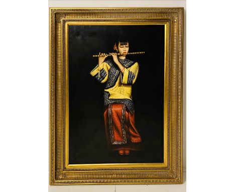 CONTEMPORARY SCHOOL, Chinese flute player, 112cm x 82cm, oleograph, framed. 