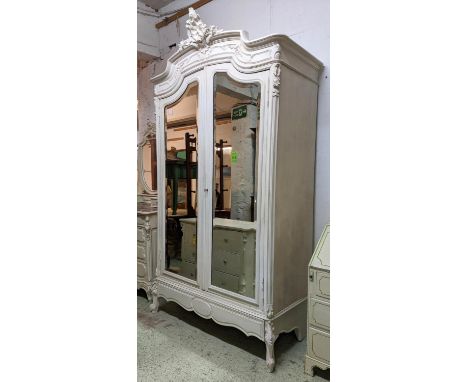 ARMOIRE, 141cm x 243cm H x 68cm, circa 1900 French and later painted with two mirrored doors, hanging rail, shelf and drawer.