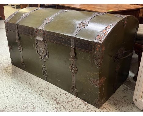 DOMED TOP TRUNK, 145cm W x 83cm H x 72cm D 18th/19th century German painted and metal bound with a handle to each side. 