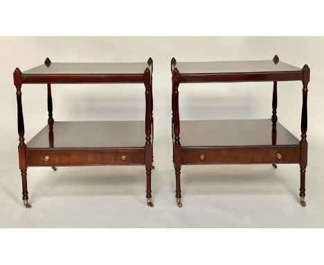 LAMP TABLES, a pair, George III design flame mahogany each with two tiers and a drawer, 56cm x 56cm x 61cm H. (2) 