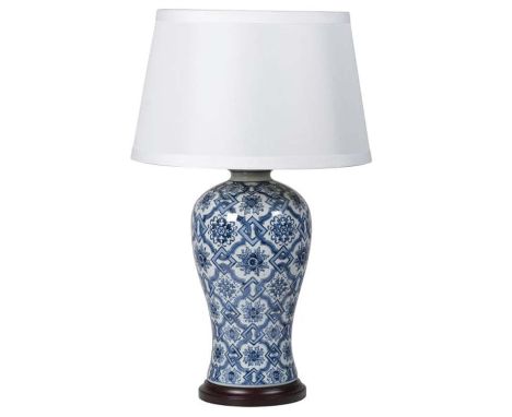 TABLE LAMPS, a pair, 73cm H x 43cm diam., Chinese export style blue and white, ceramic, with shades. (2) 