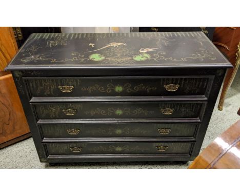 INDIA JANE COMMODE, 110cm W x 83cm H x 45cm D ebonised with bird, foliate and urn decoration having four long drawers. 