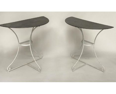 CONSOLE TABLES, a pair, semi circular painted with wrought iron supports, 79cm W x 38cm D x 77cm H. (2) 