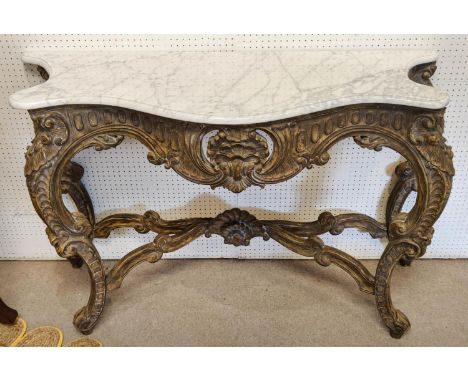 CONSOLE TABLE, Rococo style, giltwood finish, white marble top, 87cm H x 130cm W x 49cm D. 