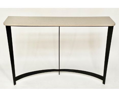 TOM FAULKNER CONSOLE TABLE, rounded rectangular travertine marble and wrought iron support, 127cm W x 31cm D x 86cm H. 