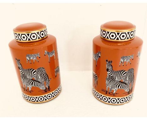 GINGER JARS, a pair, glazed ceramic with zebra print, 30cm x 17cm x 17cm. (2) 