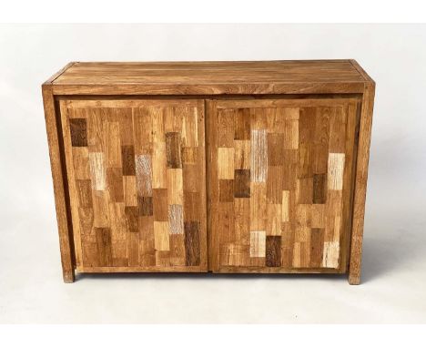 SIDE CABINET, mango wood, with two blocked panelled doors enclosing shelf, 125cm W x 45cm D x 86cm H. 