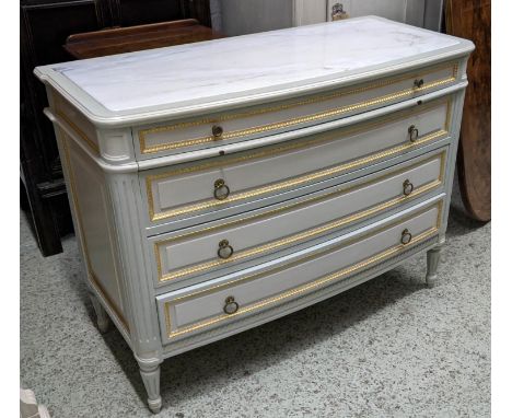 COMMODE, 110cm W x 83cm H x 50cm D Continental style with a brushing slide and four long drawers. 