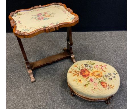 A Victorian footstool, tapestry top, 37cm wide, c.1860;  a Victorian walnut shaped rectangular screen, tapestry banner, now c