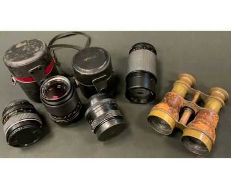 A pair of early 20th century binoculars;  Camera Lenses - Carl Zeiss Jena S1:3, 5f=135;  Chinon 1:28;  another; Miranda MC Zo