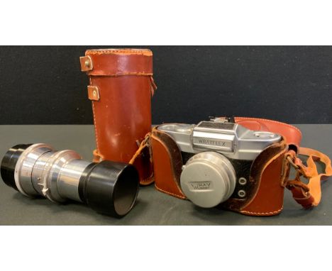 A Wray Wrayflex SLR Camera,  chrome, serial no. 3669, with 135 Wray tele Lustrar F4 lens, leather case, c.1960 