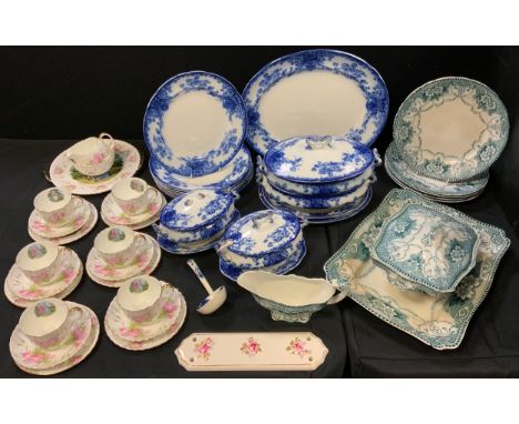 A Victorian blue and white Nancy pattern pattern dinner service, comprising tureens and covers, ladle, plates, serving plate,