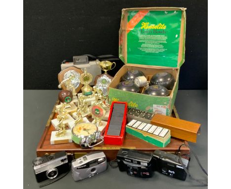 Boxes &amp; Objects - a table top dominoes/games board;  set of four Henselite lawn bowls, size 4, boxed;  Polaroid 210 vinta