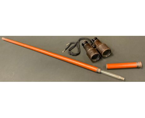 A Gentleman's hip flask walking stick, sectional shaft with glass flask and nip cup, 92cm long;  a pair of leather mounted Fr