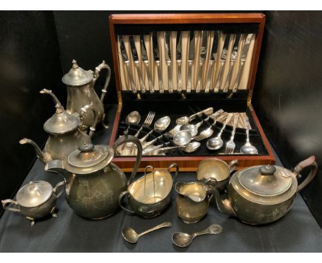 A four  piece plated boat shaped tea service;  other teaware;   a Viners canteen of cutlery;  etc 