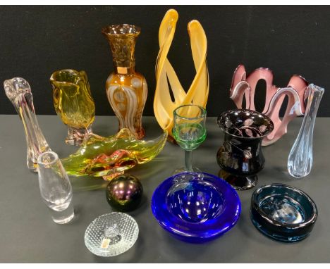 Art Glass - a Kosta Boda blue and clear cloud glass bowl;  Holme Gaard candlestand;  Echt Bleincristal amber and clear hand c